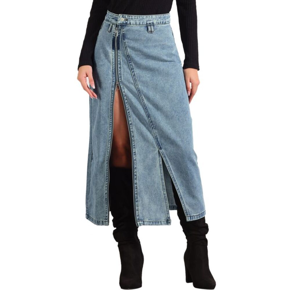Zipper Front Jean Skirt Split Denim with Pockets Blue